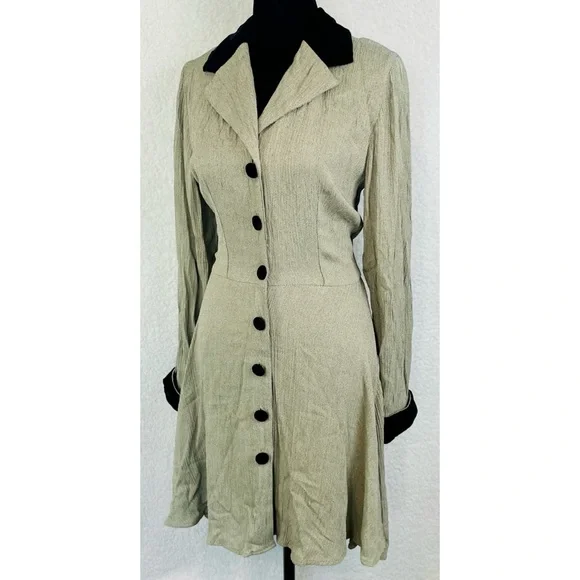 (VTG) CITY TRIANGLES • Sand/Brown Velvet Trim Button Long Sleeve Mini Dress, 7 - Picture 4 of 16